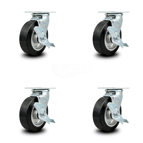 6 Inch Rubber on Aluminum Swivel Caster Set with Roller Bearings and Brakes SCC